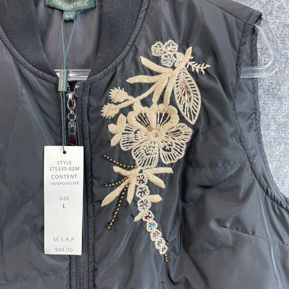 For Cynthia Women Black Vest Embroidered Full Zip Soft Vest Size L - Picture 5 of 11